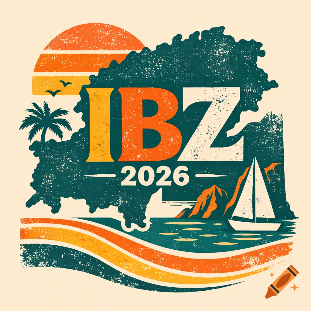 A distressed vintage travel poster for Ibiza, featuring 'IBZ 2026' over an island silhouette with a sunset, palm tree, and sailboat.