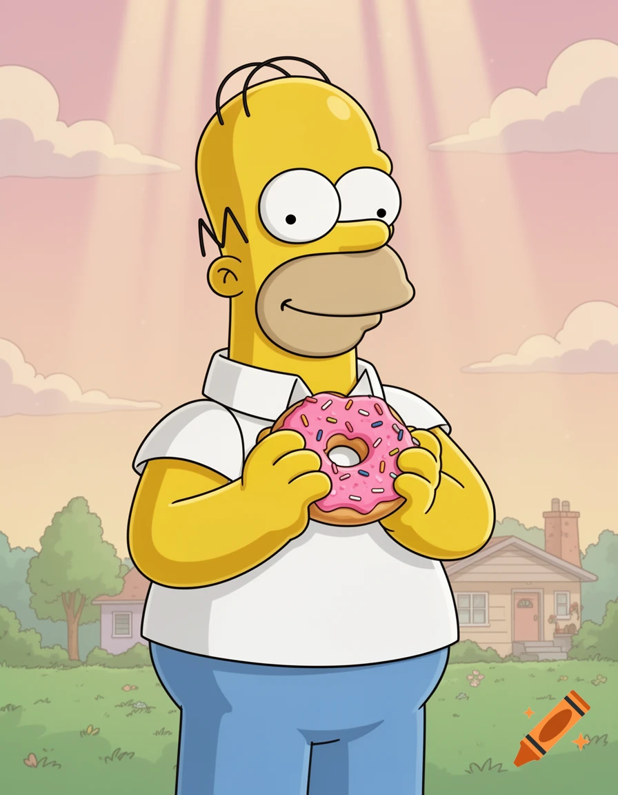 Homer Simpson holds a pink frosted donut with sprinkles, smiling in a cartoon style, with a suburban background under a soft sky.