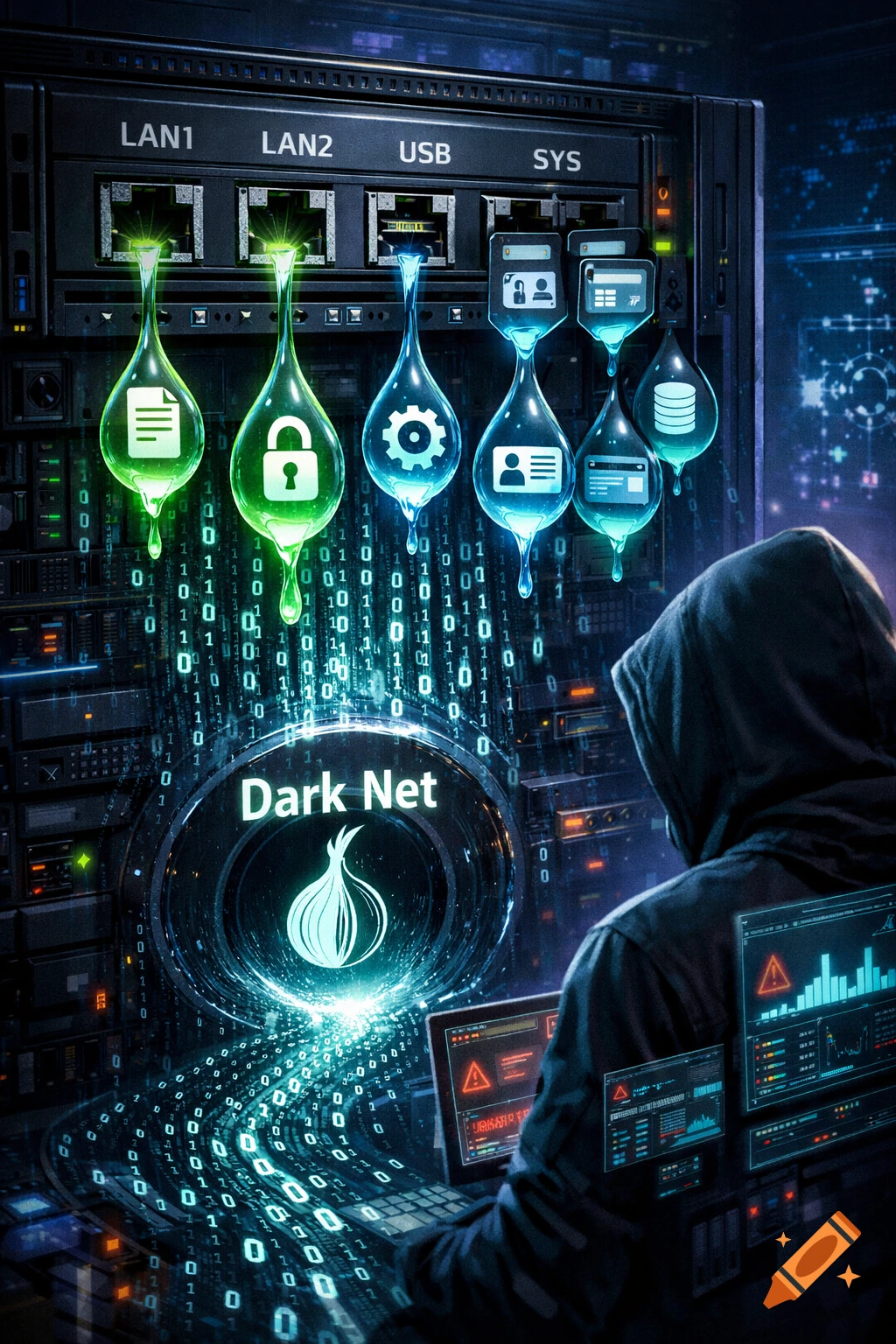 A hooded hacker sits in front of a server rack with glowing data streams, accessing a "Dark Net" portal, depicted in a cyberpunk style.