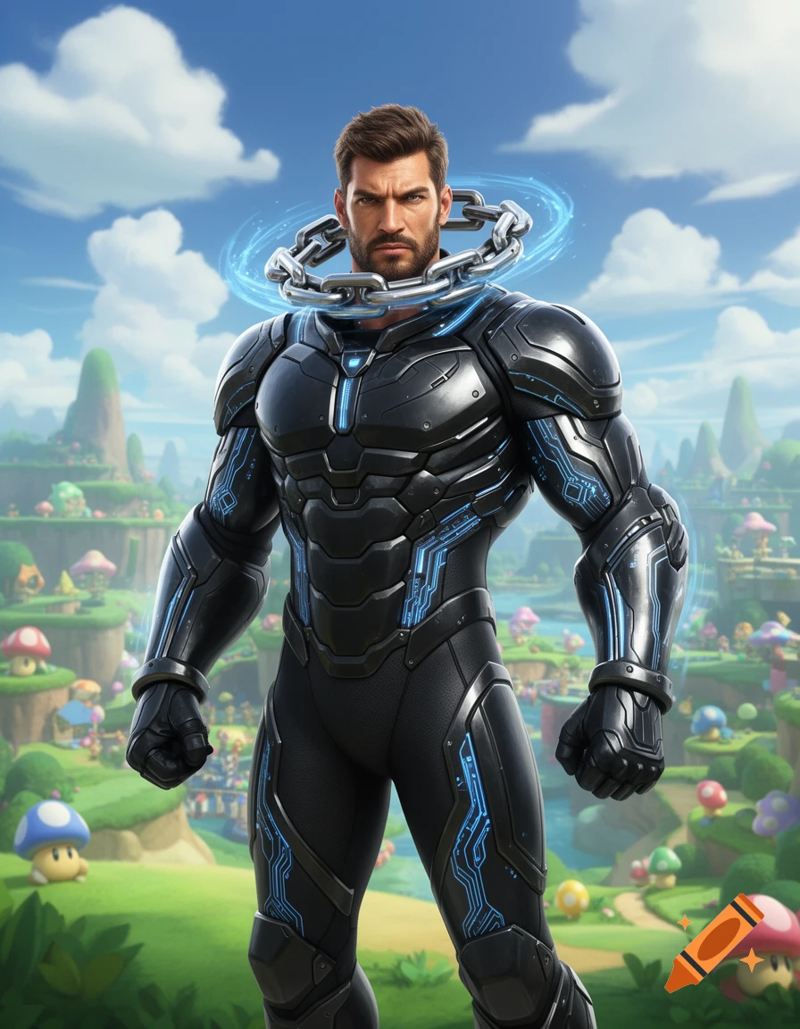 Muscular man in a black sci-fi suit with blue glowing accents and a chain around his neck, standing in a vibrant Super Mario cartoon landscape.