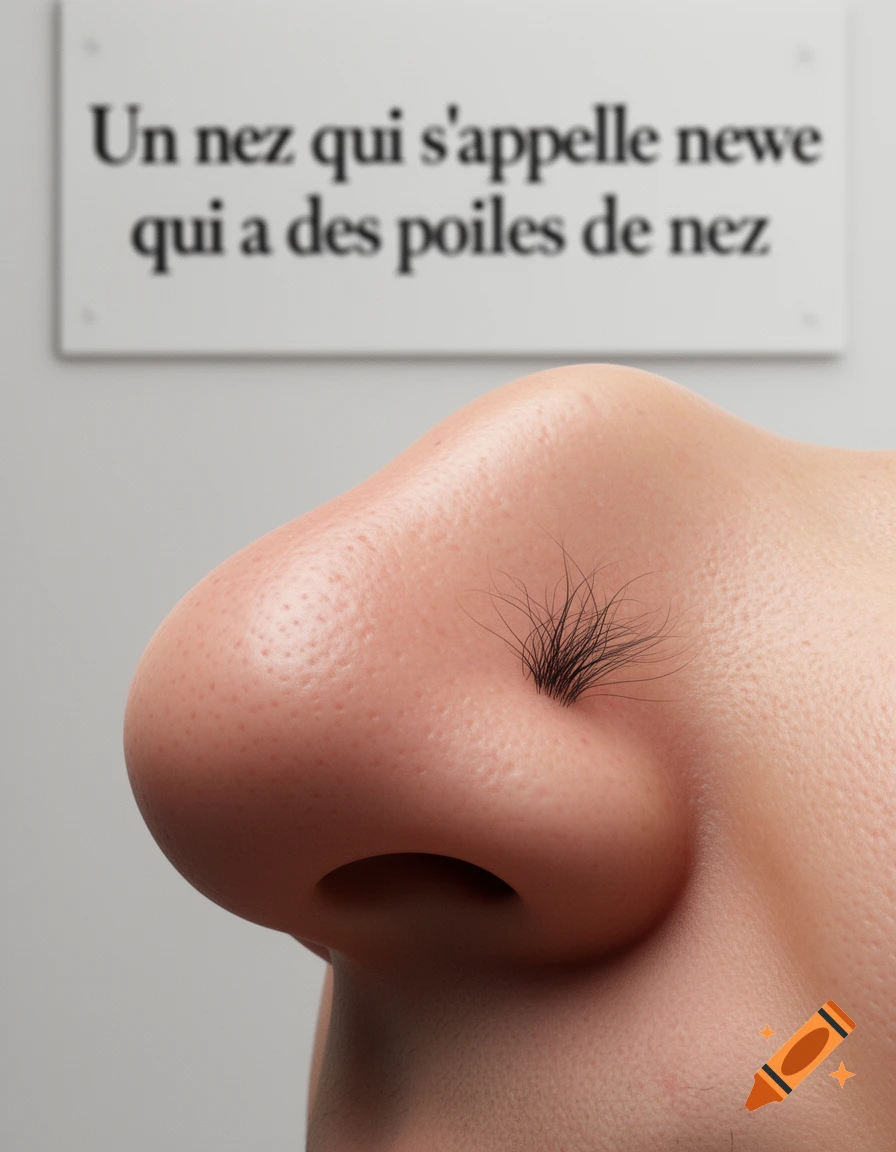 Photorealistic close-up of a human nose with prominent nose hairs. Blurred French text on a sign in the background.