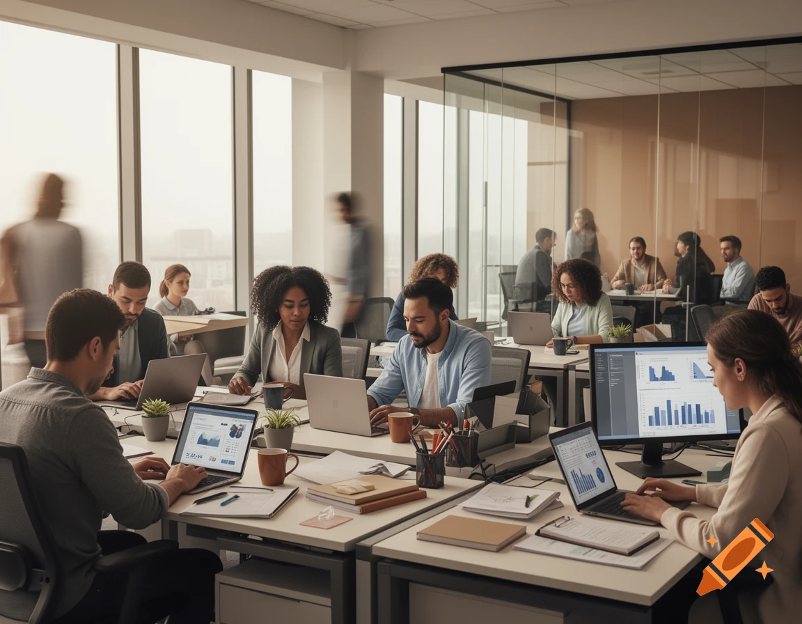 A diverse group of professionals works on laptops and desktop computers in a modern, sunlit open-plan office.