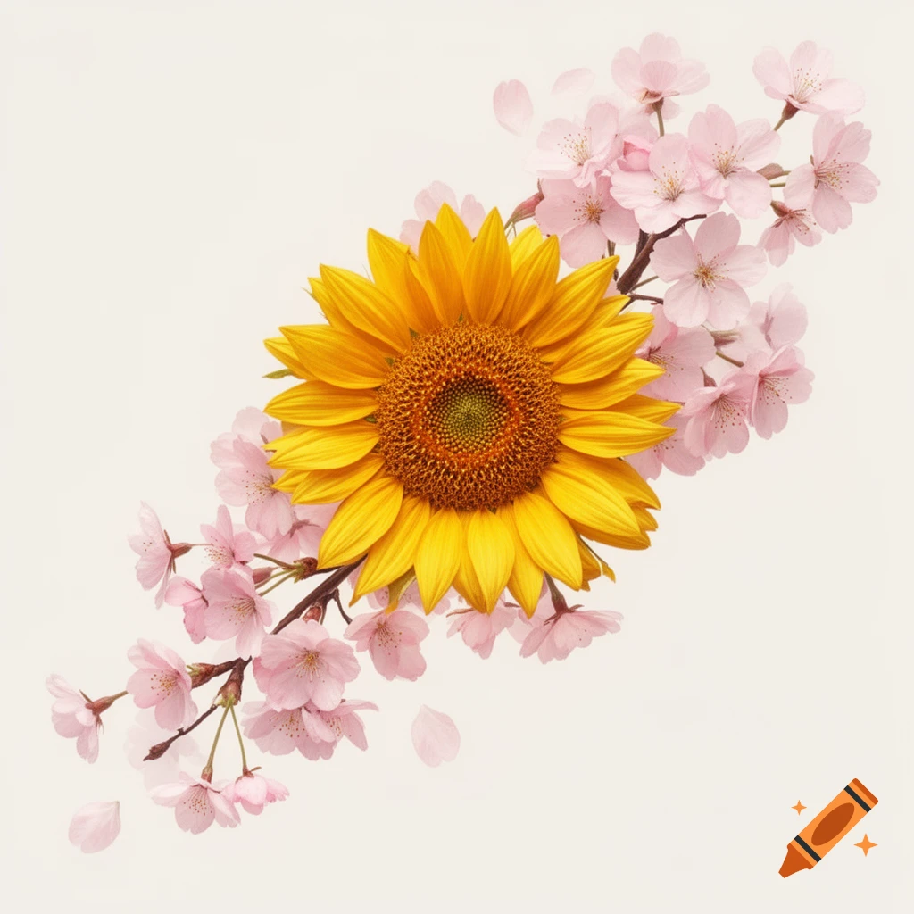 A vibrant yellow sunflower centered among delicate pink cherry blossoms on branches, in an illustration style.