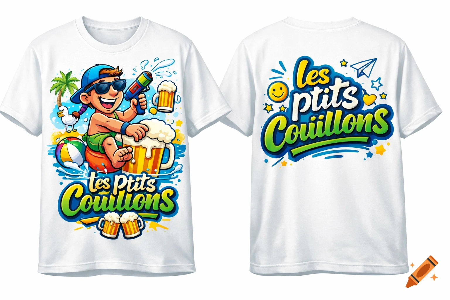 Front and back view of a white t-shirt featuring a cartoon boy with sunglasses, a squirt gun, and beer mugs, with the text 'les ptits Couillons' in a playful font.