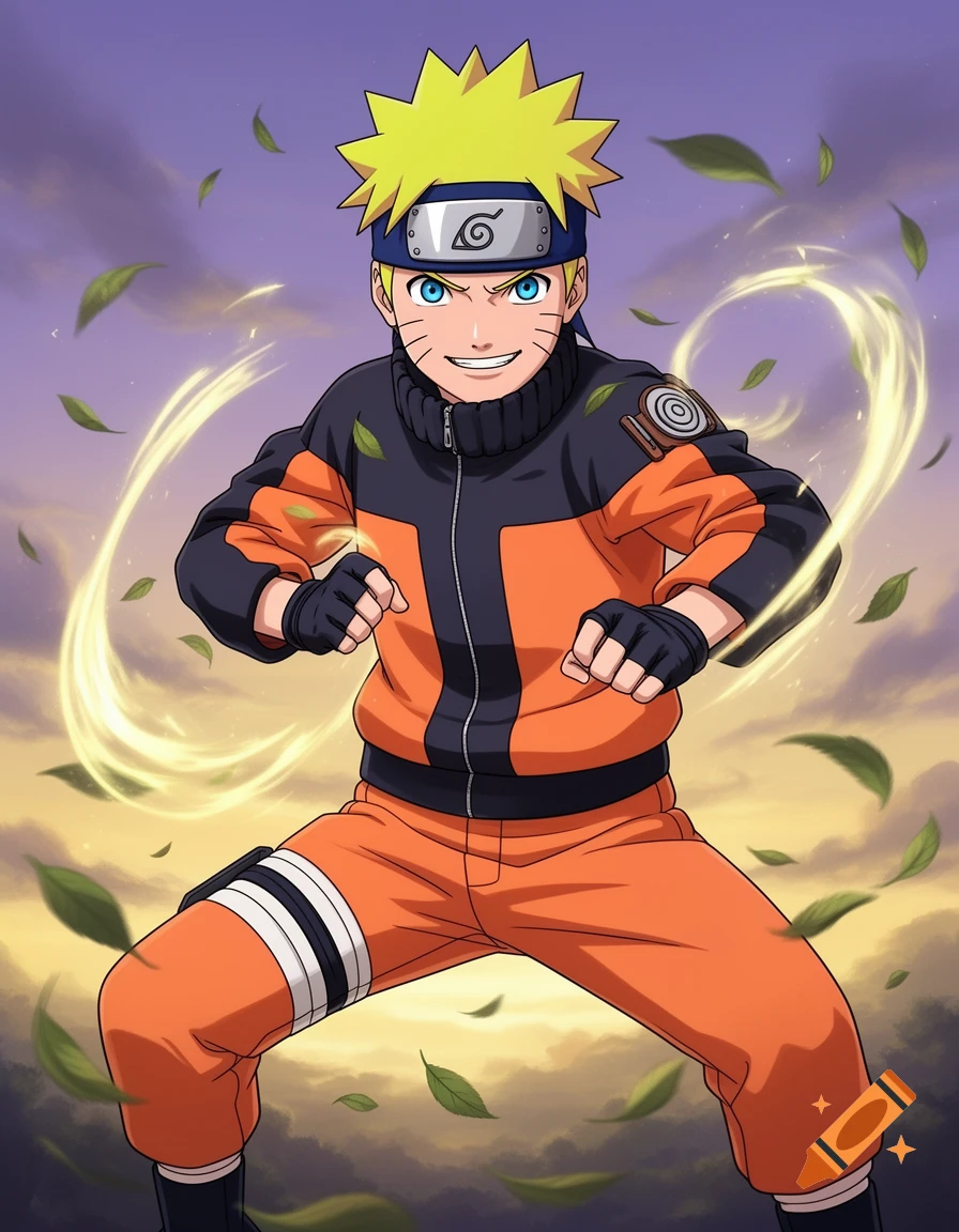Naruto Uzumaki in an action pose, with a determined expression, surrounded by swirling yellow energy and green leaves against a cloudy sky.