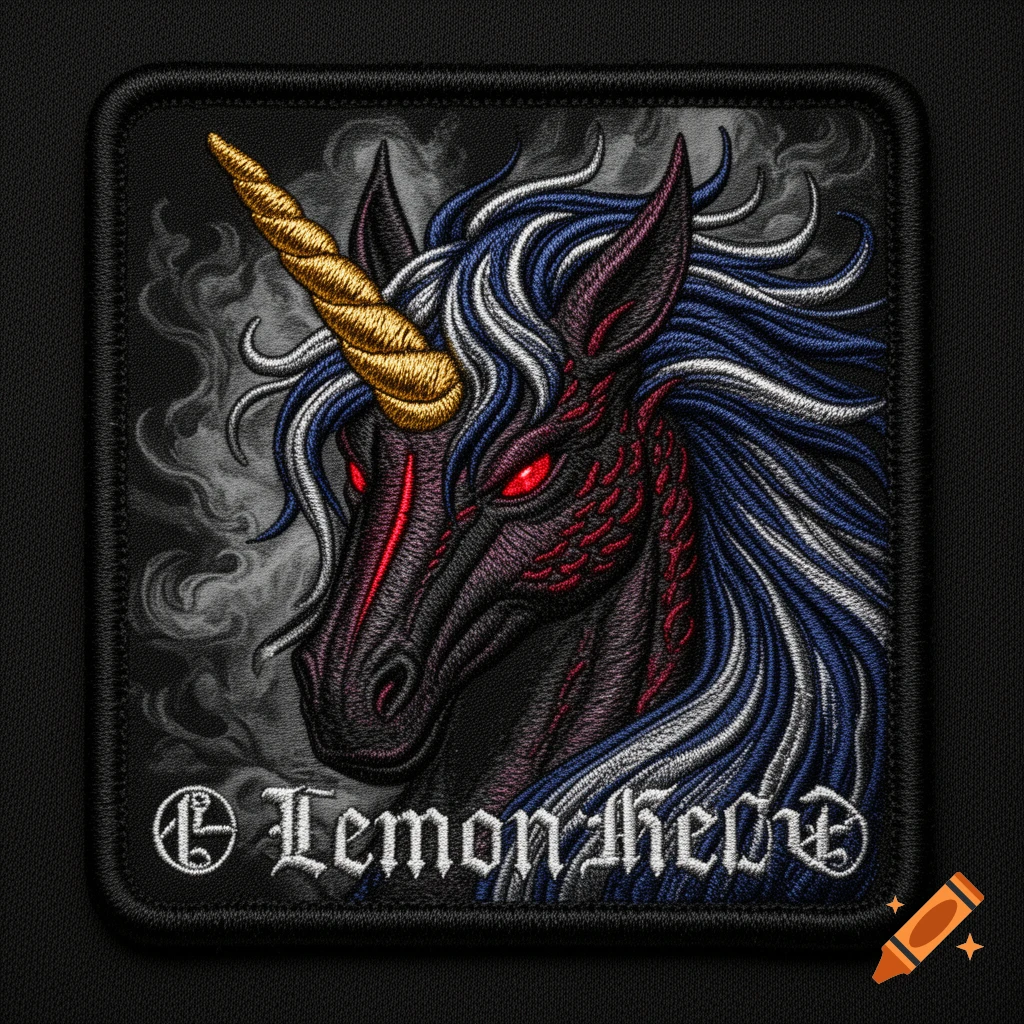 A dark, stylized demon unicorn with a golden horn and red eyes, rendered as an embroidered patch.