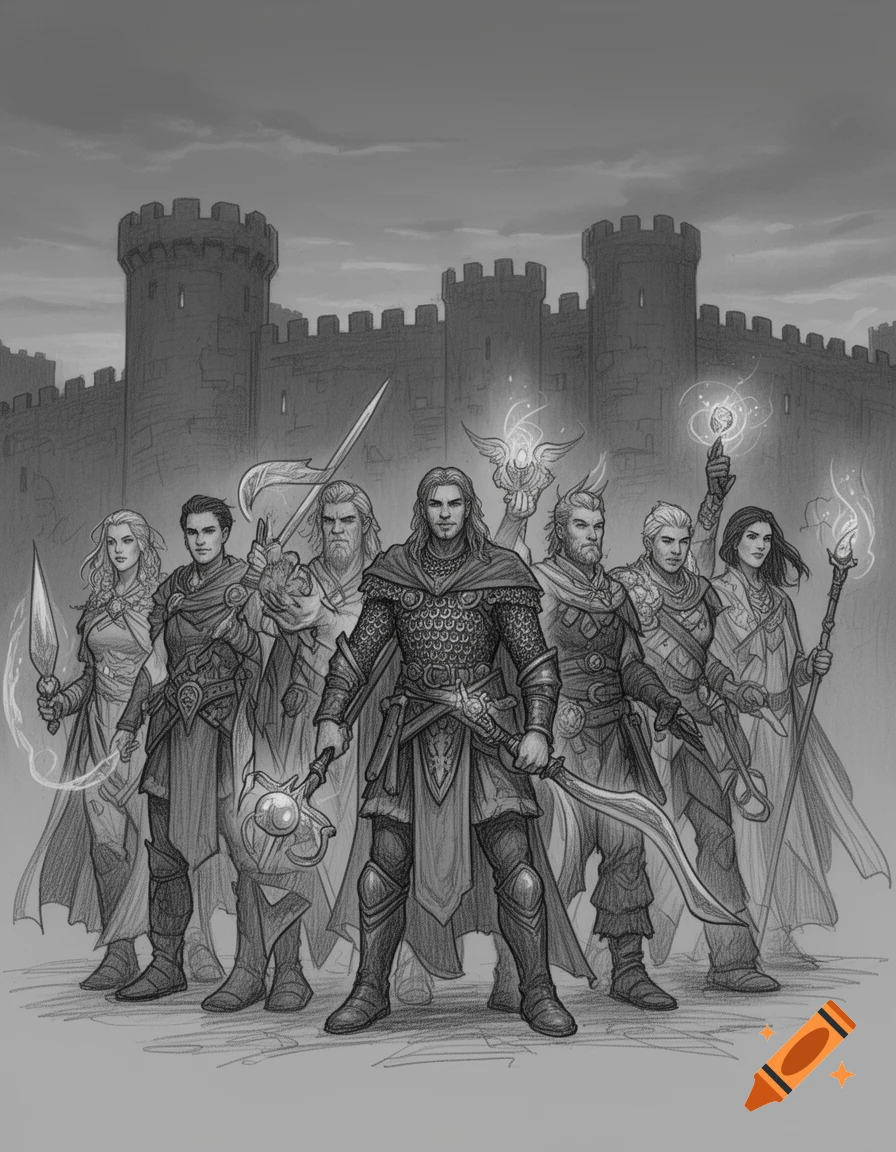 A black and white sketch of seven fantasy heroes, with weapons and magic, standing proudly in front of a castle.