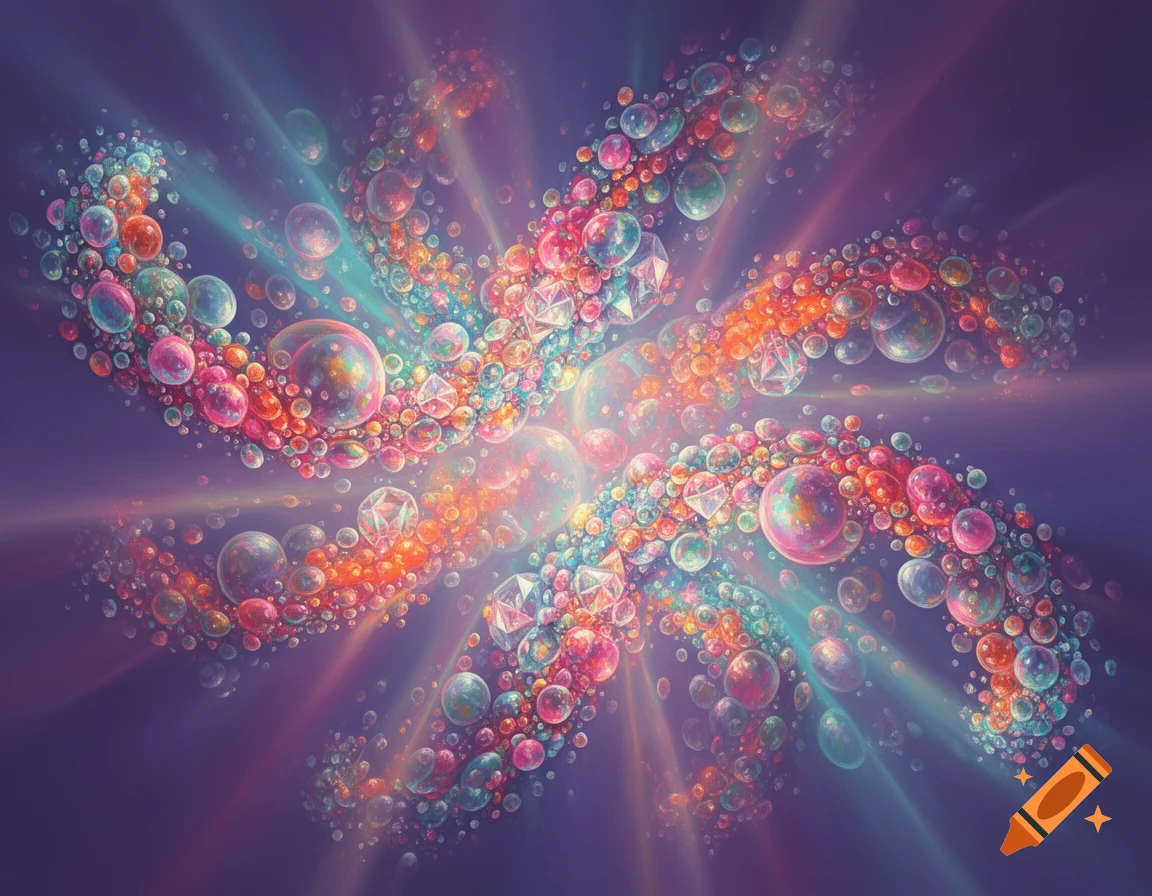 A vibrant abstract composition of many colorful bubbles and faceted gems arranged in a dynamic, symmetrical pattern with light rays.