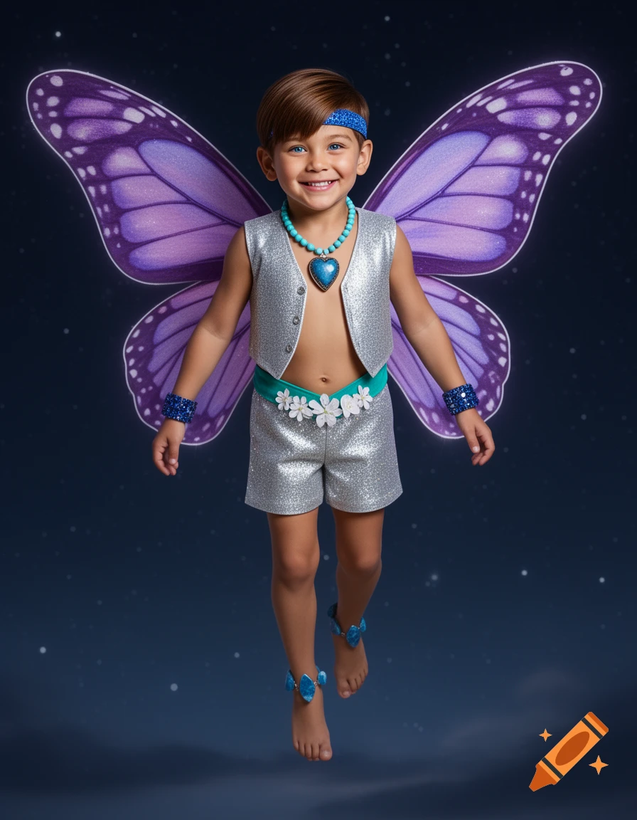 A young boy dressed as a fairy with purple butterfly wings, a silver vest and shorts, and blue jewelry, smiling as he floats against a dark, starry background.