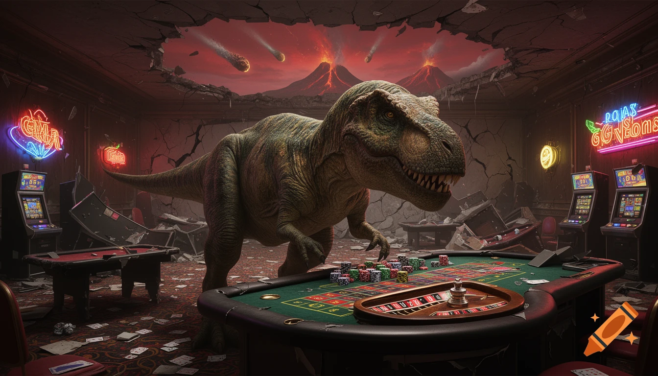 A T-Rex stands at a roulette table in a ruined casino, with erupting volcanoes and meteors visible through a shattered ceiling.