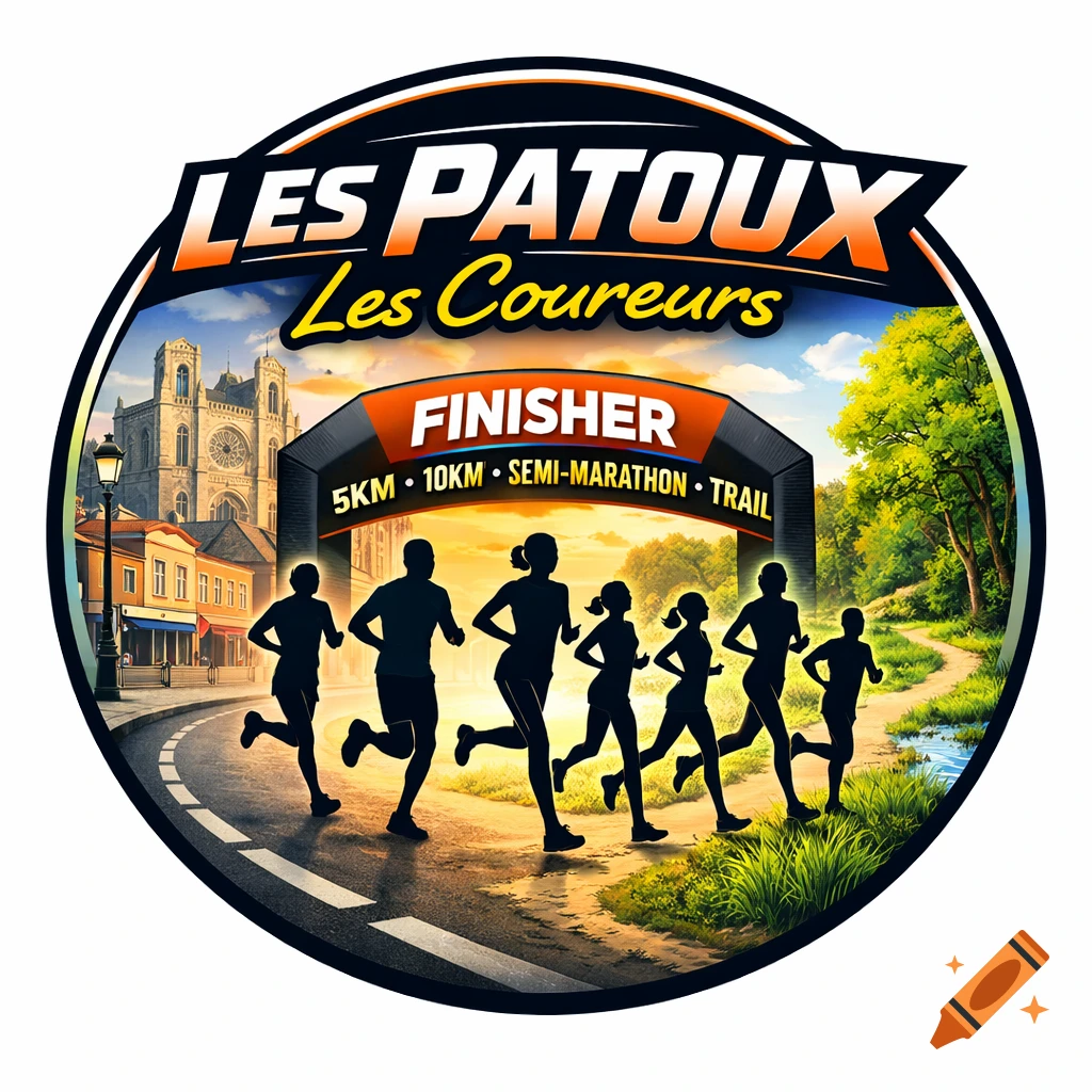 A round logo for 'Les Patoux Les Coureurs' featuring silhouetted runners, an urban scene, a nature trail, and race distances.