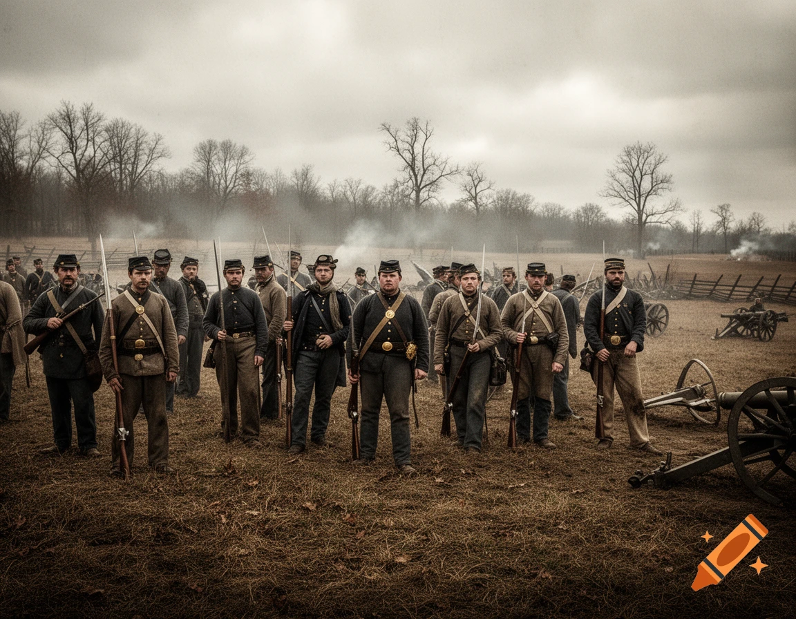Group of Civil War soldiers in uniform stand in a muddy field with rifles, cannons, and bare trees under an overcast sky.