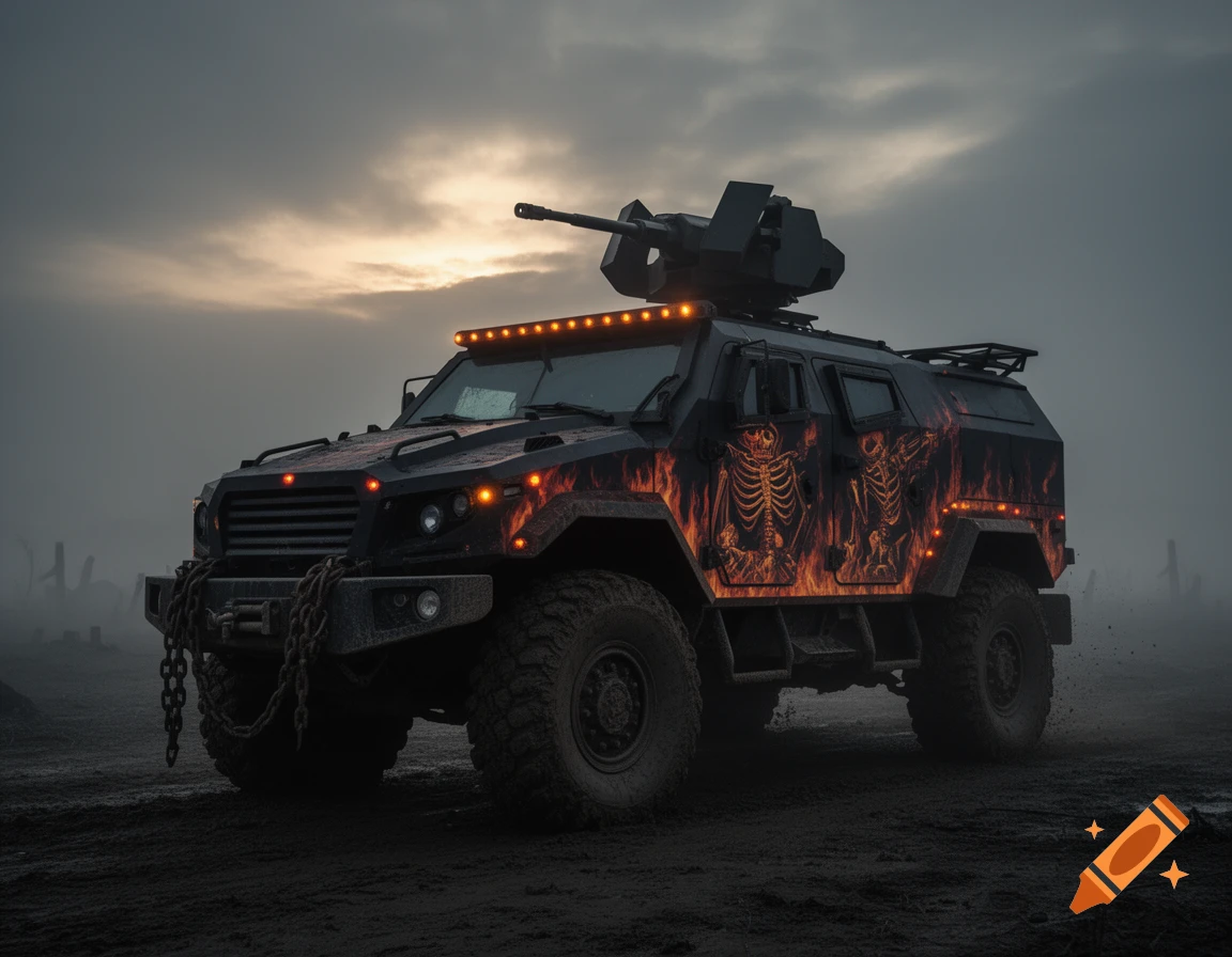 An armored military truck with a turret, featuring fiery skeleton decals, drives through a dark, foggy, desolate landscape.