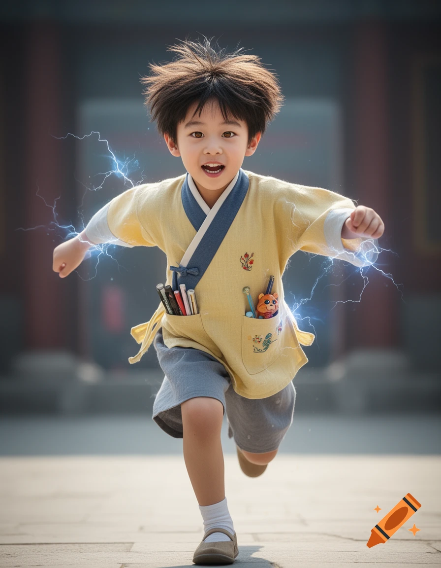 A young Asian boy with messy dark hair, wearing a yellow Hanfu top and gray shorts, runs forward with lightning bolts around his arms and a cheerful expression.