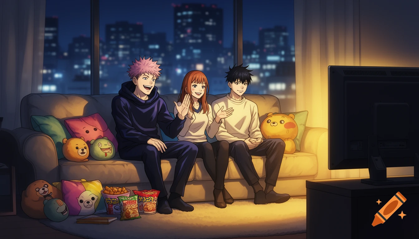 Three anime-style characters, two males and one female, sit on a couch in a dimly lit living room, watching TV with snacks and looking entertained.