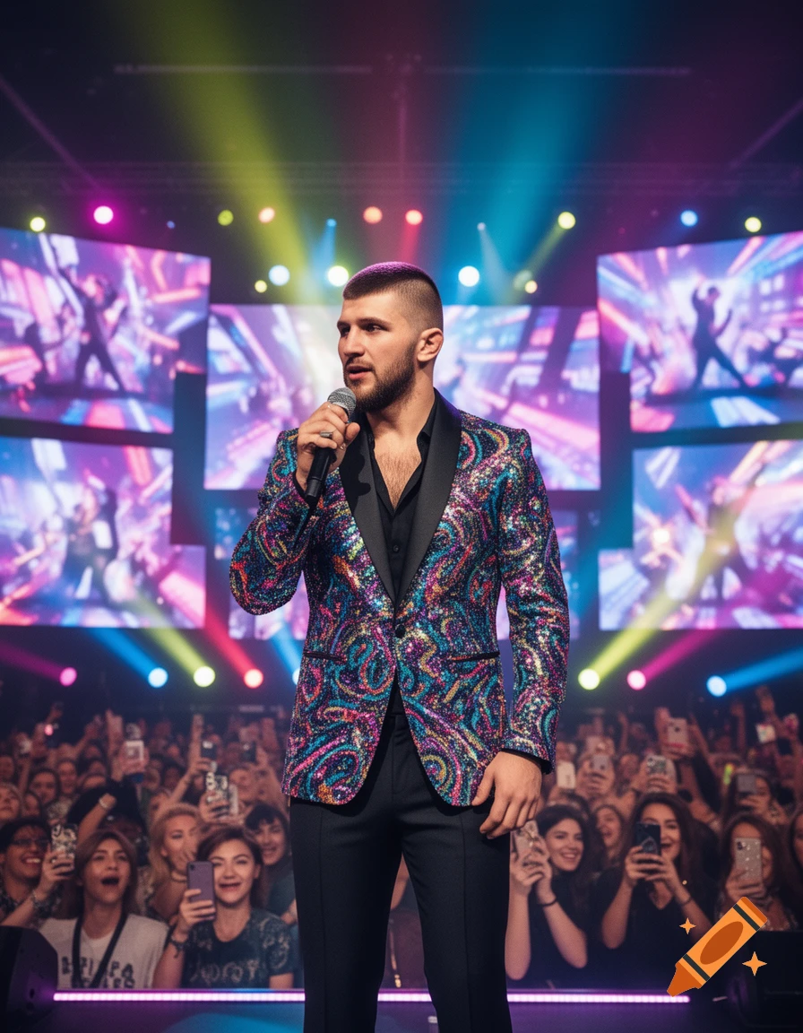 A man in a sparkly jacket sings into a microphone on stage, surrounded by colorful lights and a large audience holding up phones.