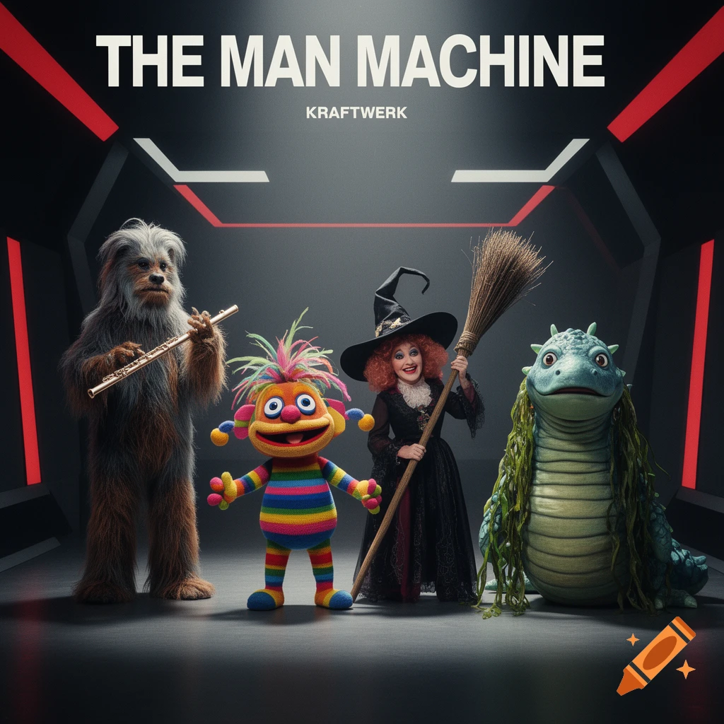 A furry creature, a striped puppet, a witch with a broom, and a lizard stand in a dark room under "THE MAN MACHINE KRAFTWERK" text.