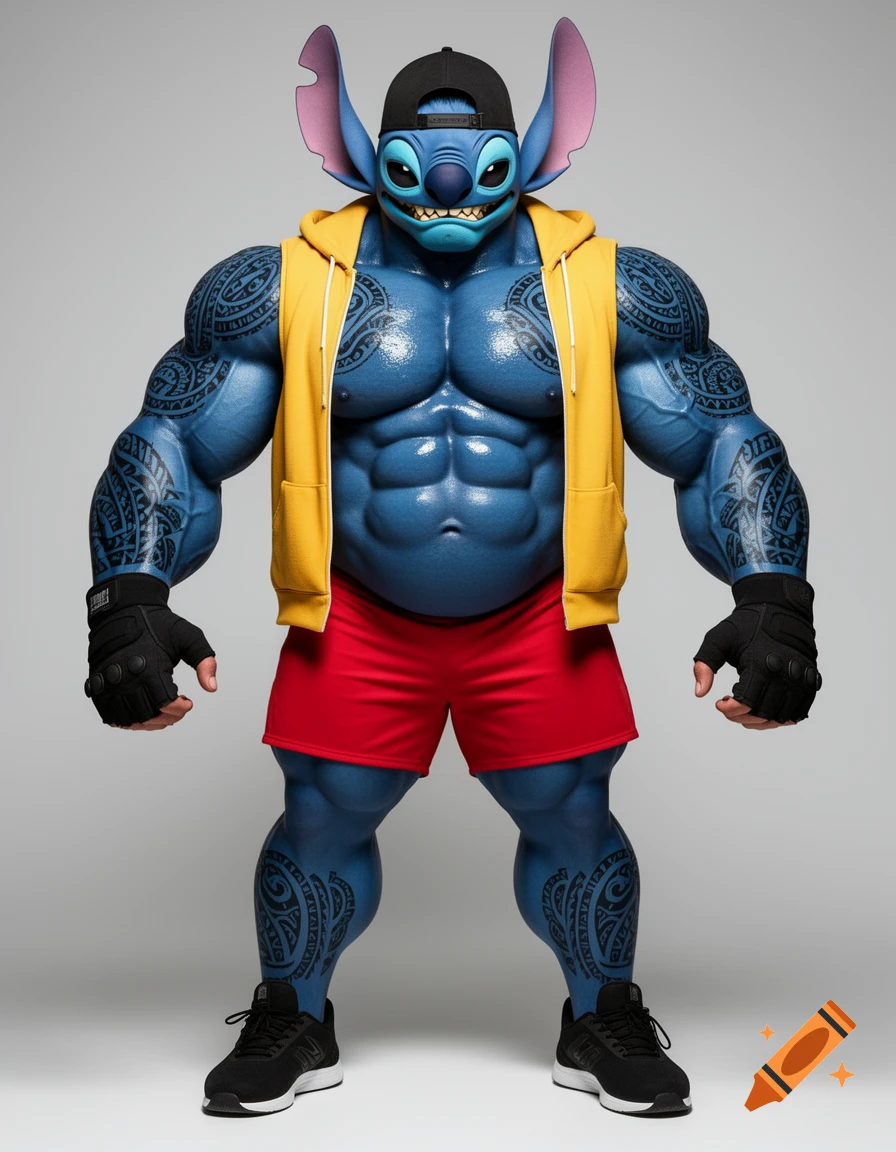A photorealistic, highly muscular bodybuilder version of Stitch from Lilo & Stitch, wearing a backwards black baseball cap, yellow sleeveless hoodie, red shorts, black sneakers, and fingerless gloves. He has Polynesian tattoos covering his body and an arrogant smile.