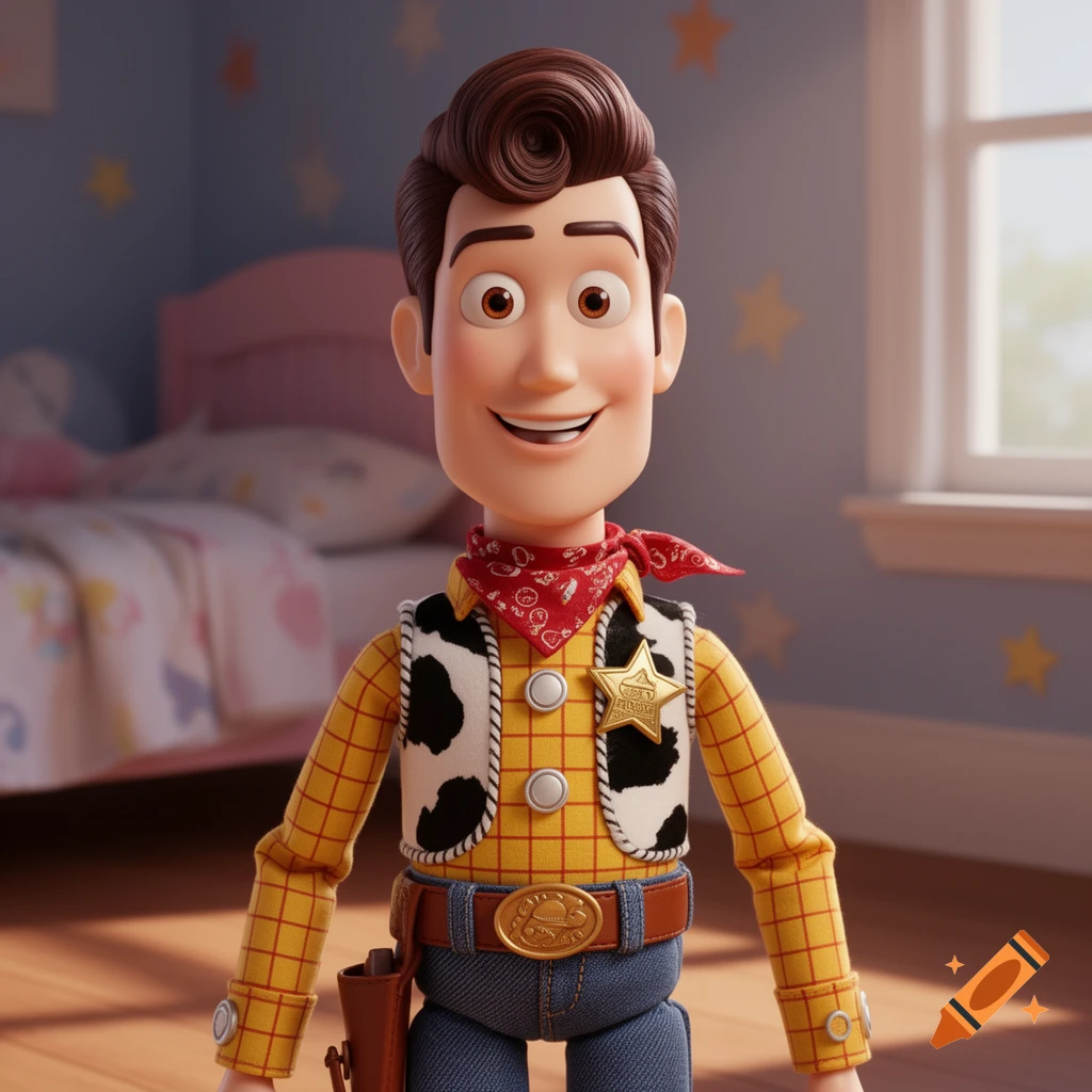 Close-up of Woody from Toy Story with a slick brown hairstyle and a sheriff's badge, standing in a sunlit room.