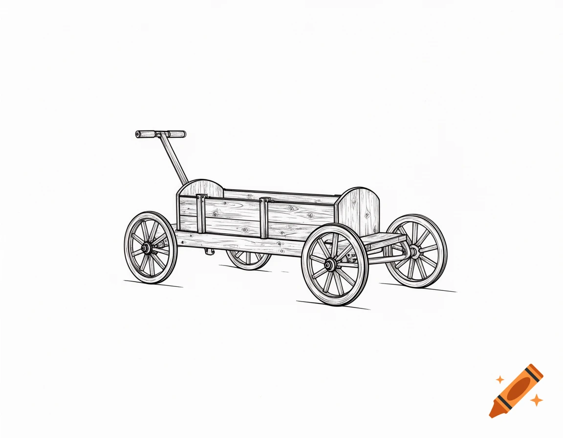 A simple black and white line drawing of a wooden classic soapbox kart with four large spoked wheels and a steering handle.