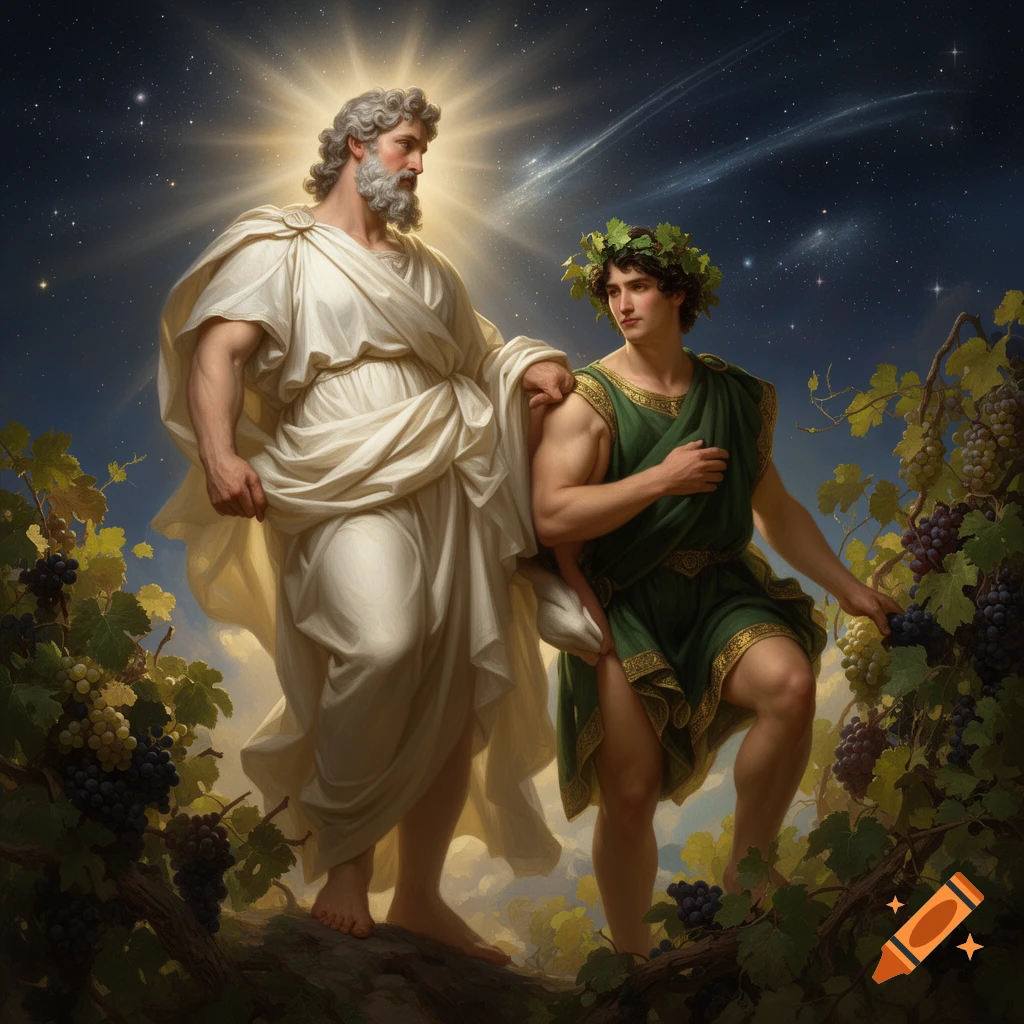 An older, bearded god in white robes with a halo guides a younger god with a vine crown through grapevines under a starry night sky in a classical painting style.