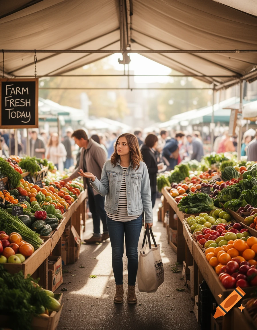 A woman looks undecided in a vibrant farmers market aisle, surrounded by fresh produce stalls and other shoppers.