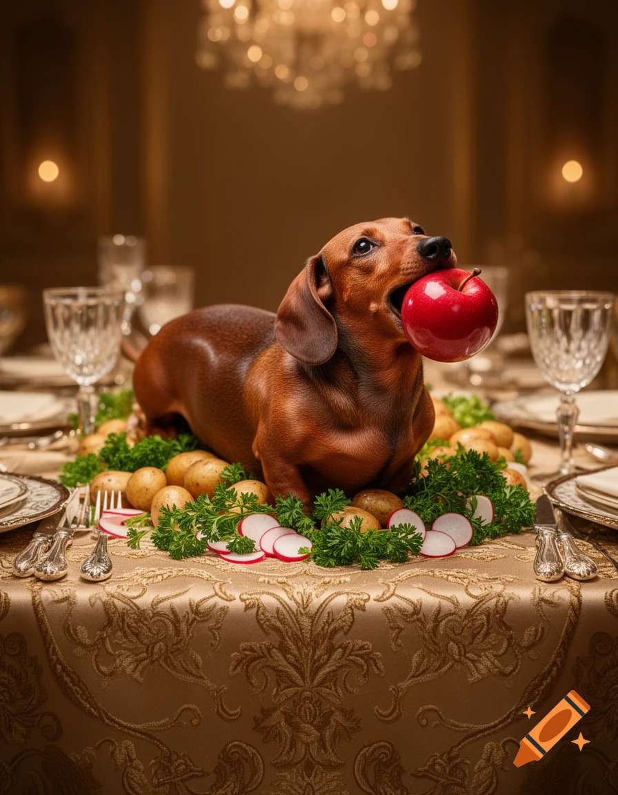 A brown dachshund holding a red apple in its mouth sits on a fancy dinner table with potatoes and garnishes.