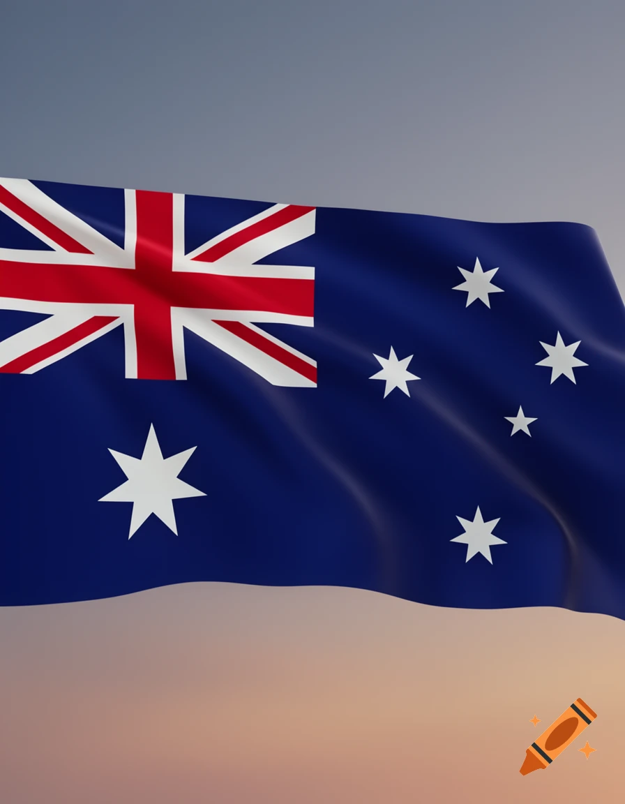 A photorealistic Australian flag with white stars and the Union Jack, waving against a soft gradient sky.