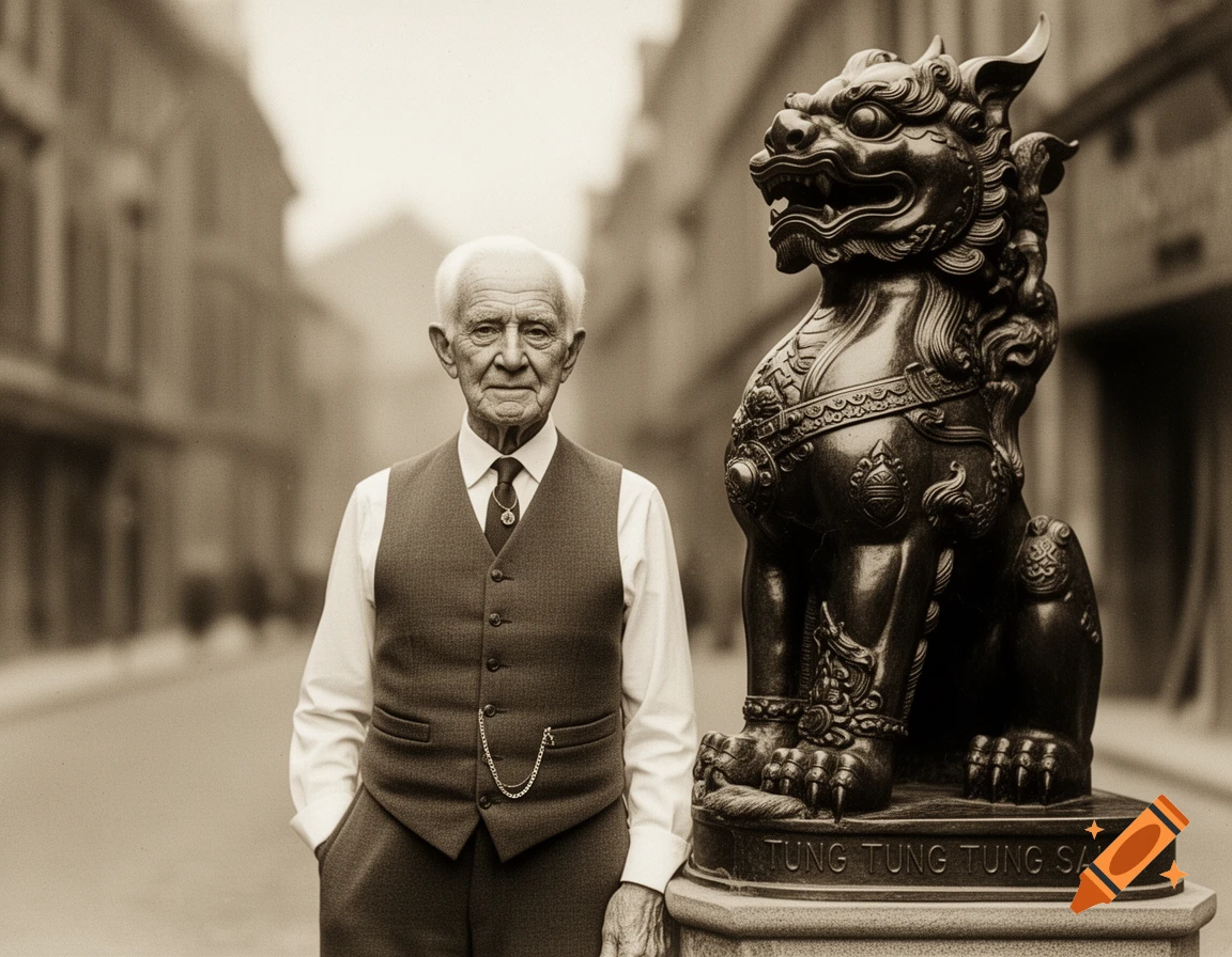 A sepia-toned vintage photo of an elderly man in a vest standing next to a dark, ornate Foo dog statue on a city street.