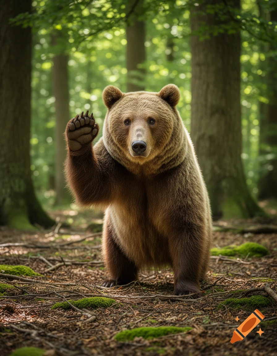 A photorealistic brown bear stands upright in a lush forest, raising one paw as if waving.