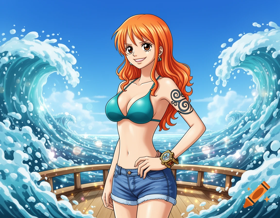 Anime character Nami with orange hair in a teal bikini top and denim shorts stands on a boat deck with large ocean waves.