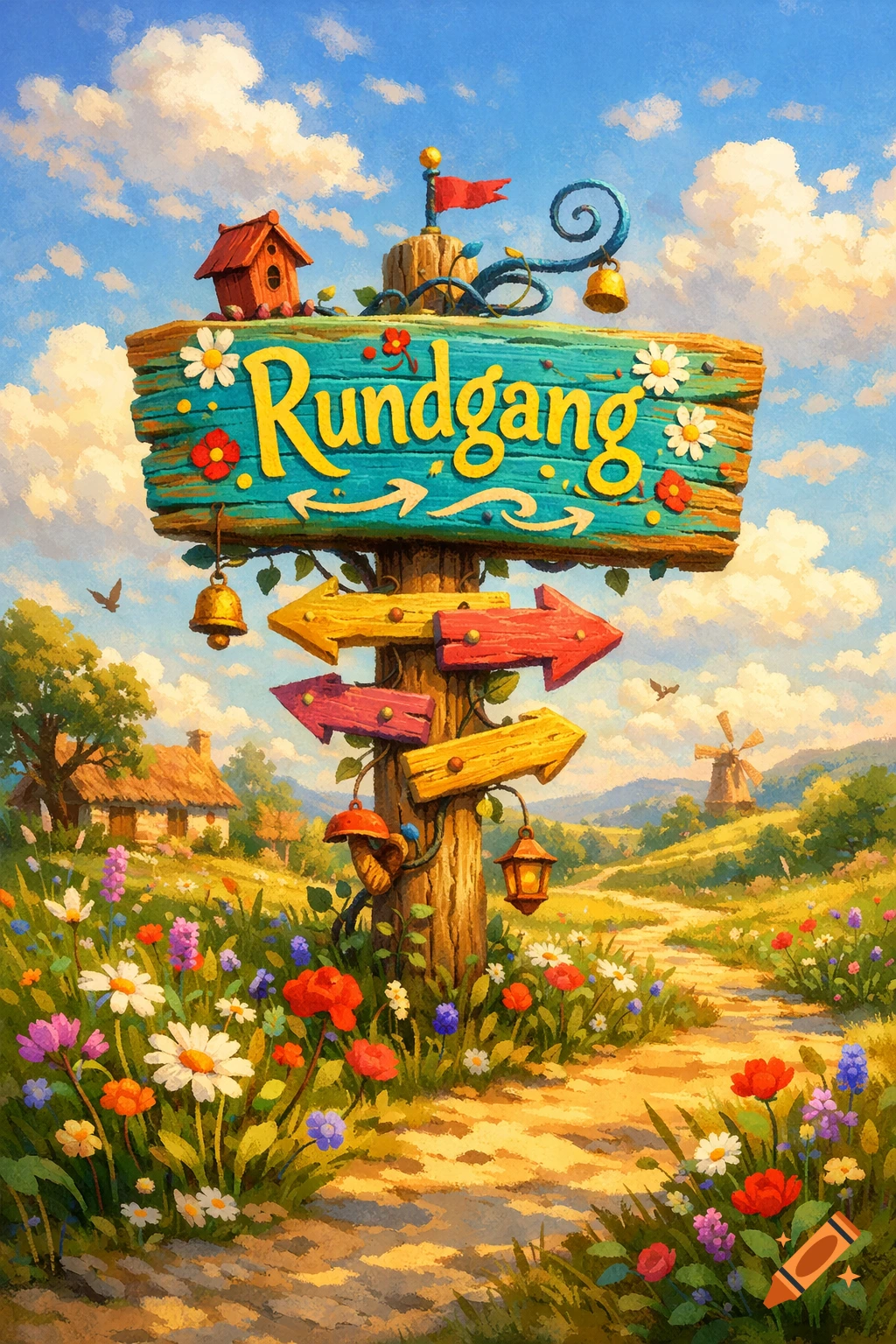 A whimsical painterly landscape with a wooden signpost saying "Rundgang", decorated with flowers, in a vibrant meadow with a path, house, and windmill.