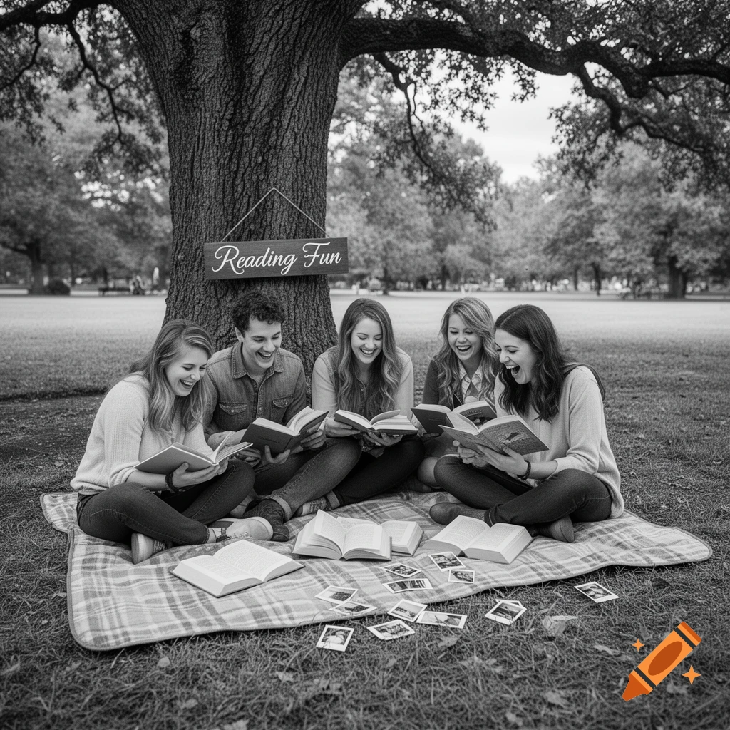 Black and white photo of four young adults happily reading books on a picnic blanket under a large tree in a park.