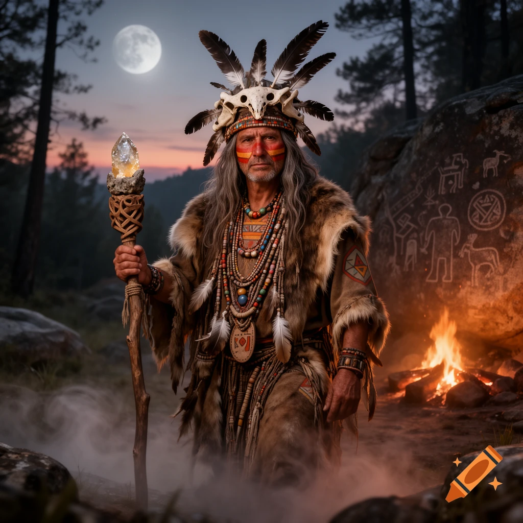 A man in shamanic attire with a feathered headdress, long hair, and face paint, holding a glowing staff in a forest at night with a full moon, campfire, and rock carvings.