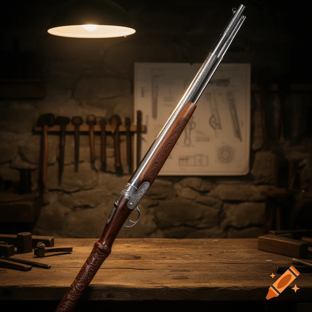 A detailed, ornately carved rifle with a wooden stock and silver barrel leans on a rustic wooden workbench in a dimly lit stone workshop.