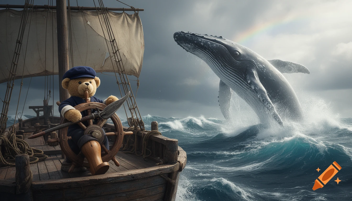 A teddy bear captain on a ship with a harpoon watches a giant whale breach from stormy seas with a rainbow.