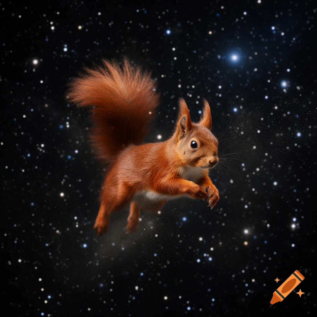 A photorealistic red squirrel floats or leaps against a dark, starry outer space background.