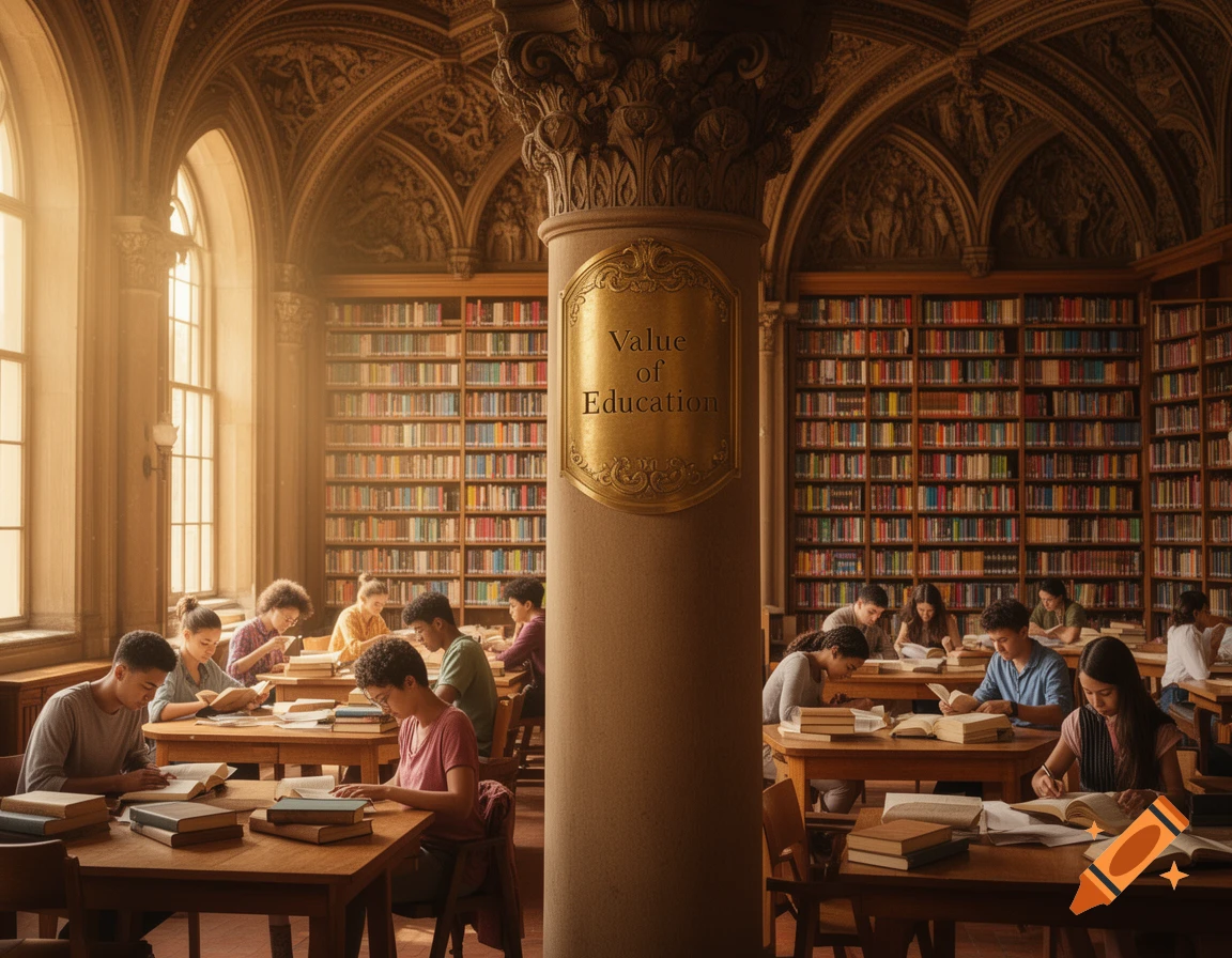 A grand, sunlit library with ornate architecture, bustling with diverse students diligently reading and studying at wooden tables.