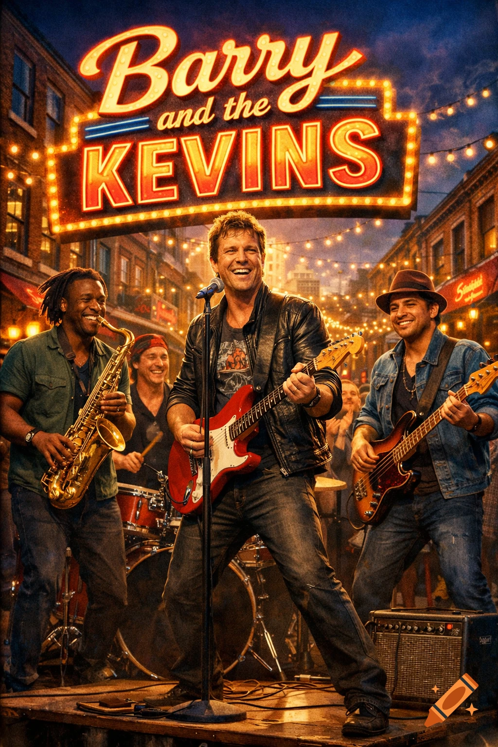 A band called Barry and the Kevins performs on an outdoor stage at night, lit by a neon sign with their name.