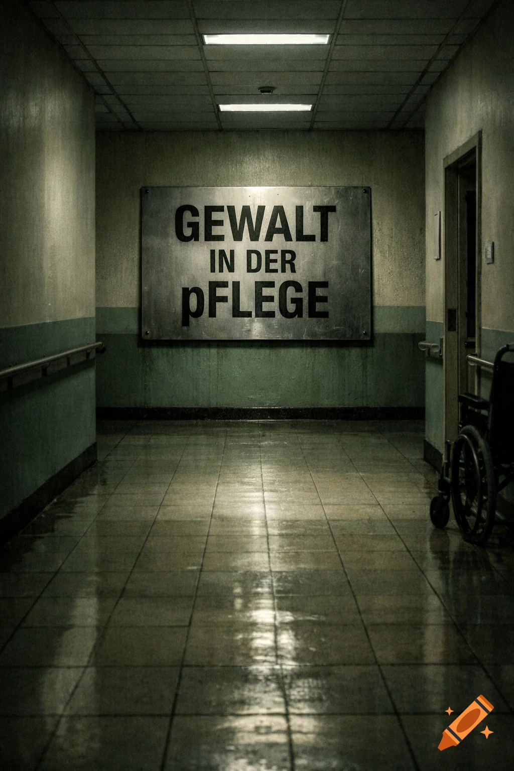 Dark, grungy hospital hallway with a sign 'GEWALT IN DER pFLEGE', and a wheelchair by a door. Photorealistic.
