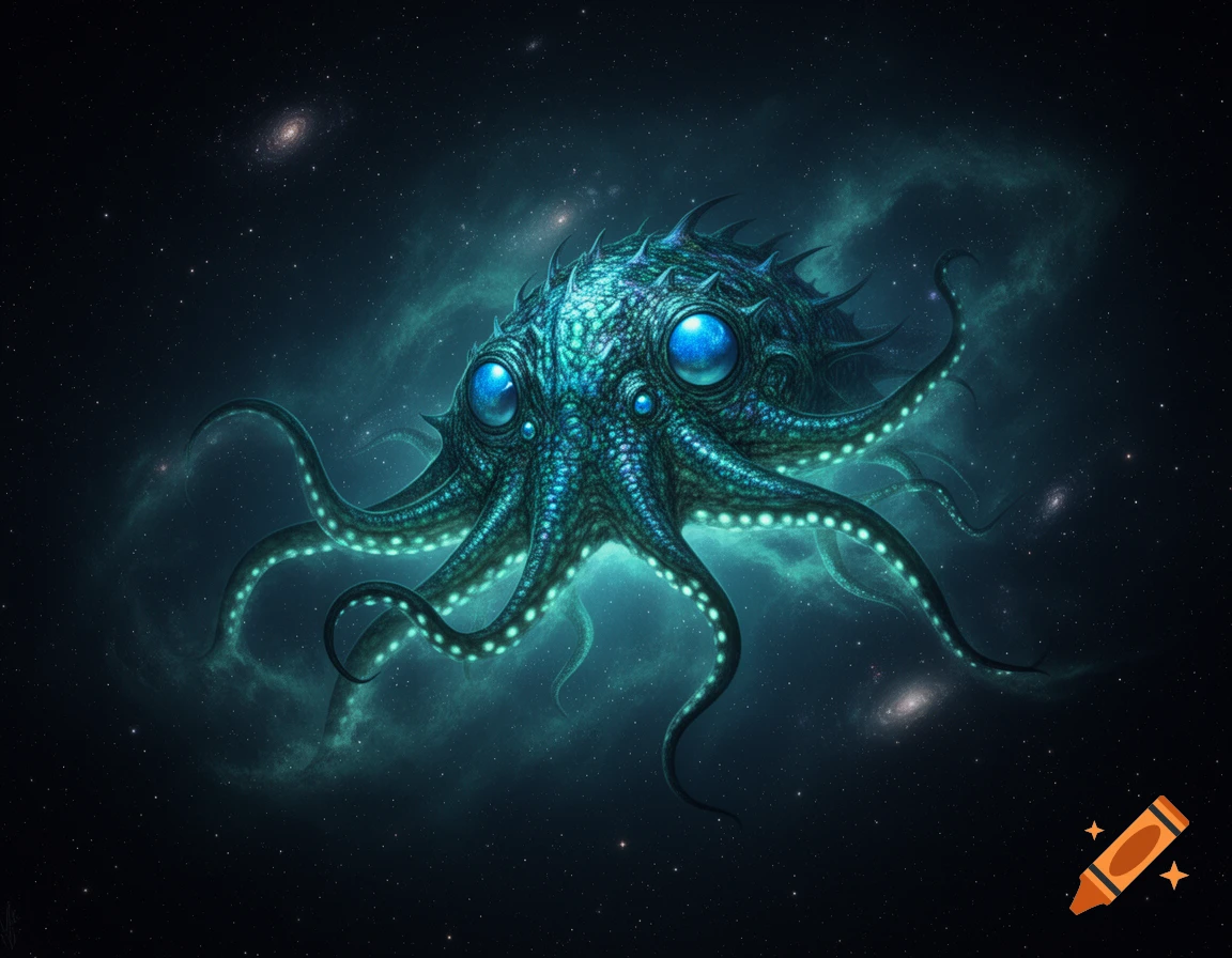 A bioluminescent blue-green cosmic octopus-like monster with large eyes and spiky protrusions floats in dark space amidst stars and nebulae.