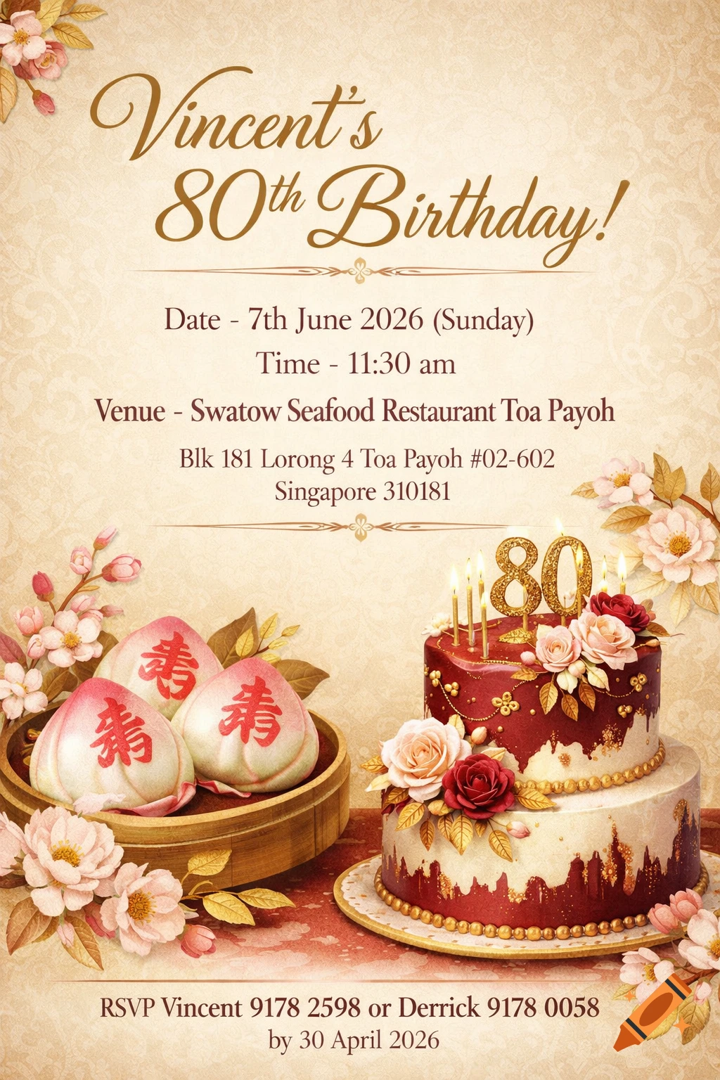 A vintage-style birthday invitation for Vincent's 80th birthday, featuring a two-tier red and white cake with 80 candles, longevity buns, and cherry blossoms on a patterned background.