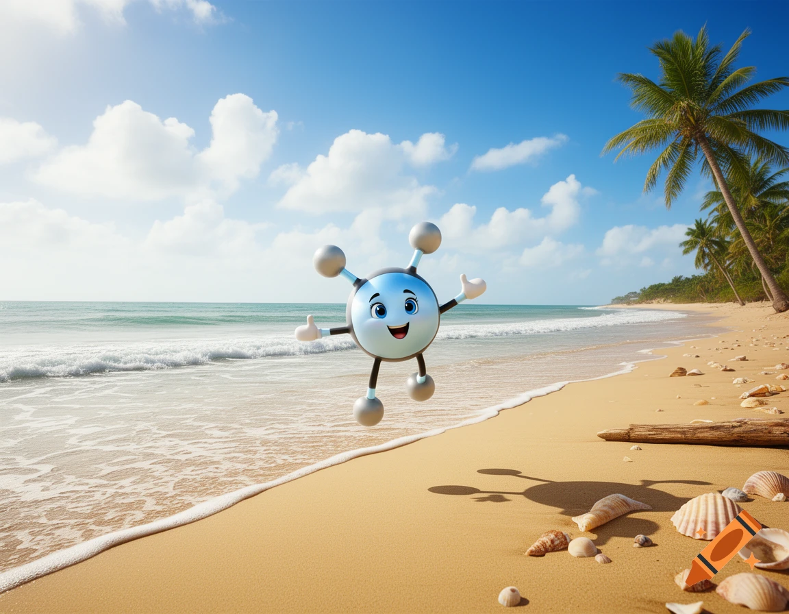 A cute, smiling oxygen molecule character floats over a sunny tropical ...