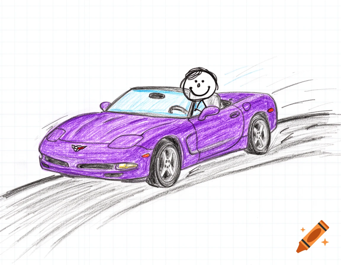 A child-like drawing of a purple Chevrolet Corvette convertible with a stick figure driver, colored on graph paper.