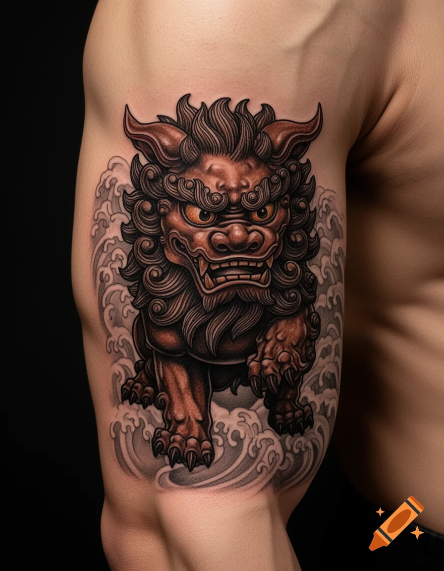 A detailed, realistic tattoo of a brown Shisa guardian lion-dog with orange eyes on a person's upper arm, with gray wave patterns.