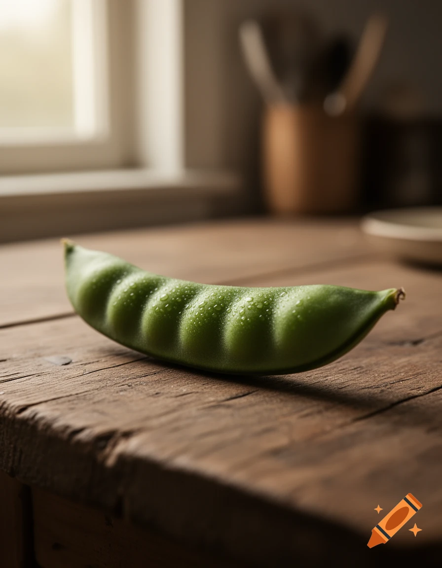 A single green pea pod covered in water droplets rests on a rustic wooden table, with a blurred window and kitchen items in the background.