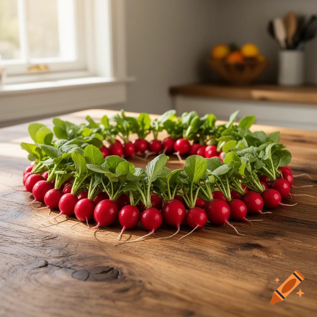 Many fresh red radishes with green leaves and white roots arranged in a circle on a rustic brown wooden kitchen table.