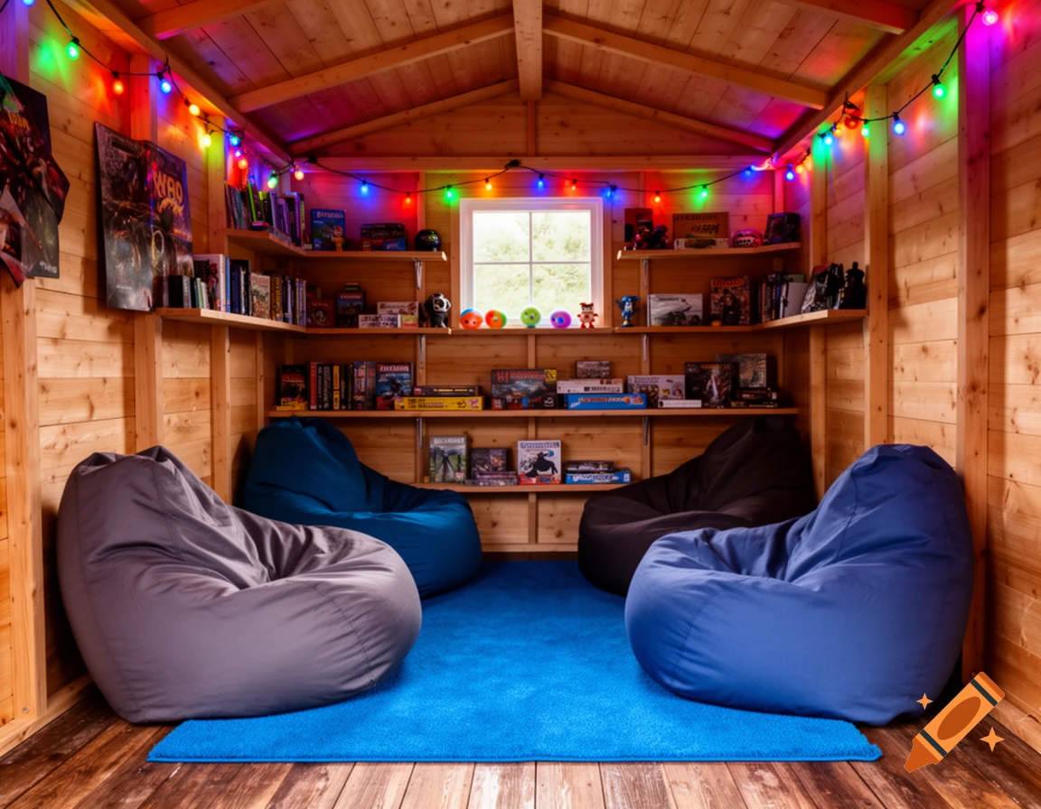 A cozy, wood-paneled clubhouse in a shed with rainbow lights, shelves of books and games, a blue rug, and four bean bag chairs.