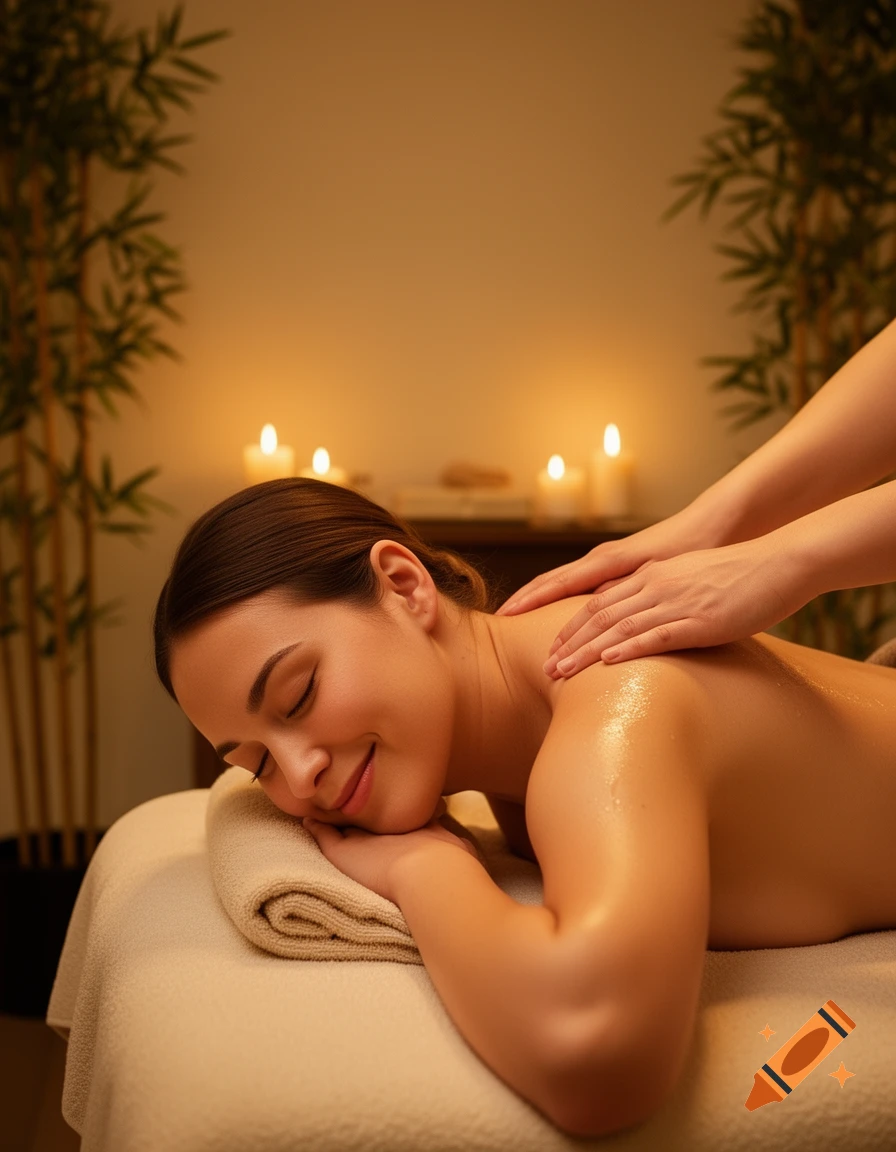 A woman with closed eyes smiles peacefully while receiving a back massage in a dimly lit room with candles and bamboo plants.
