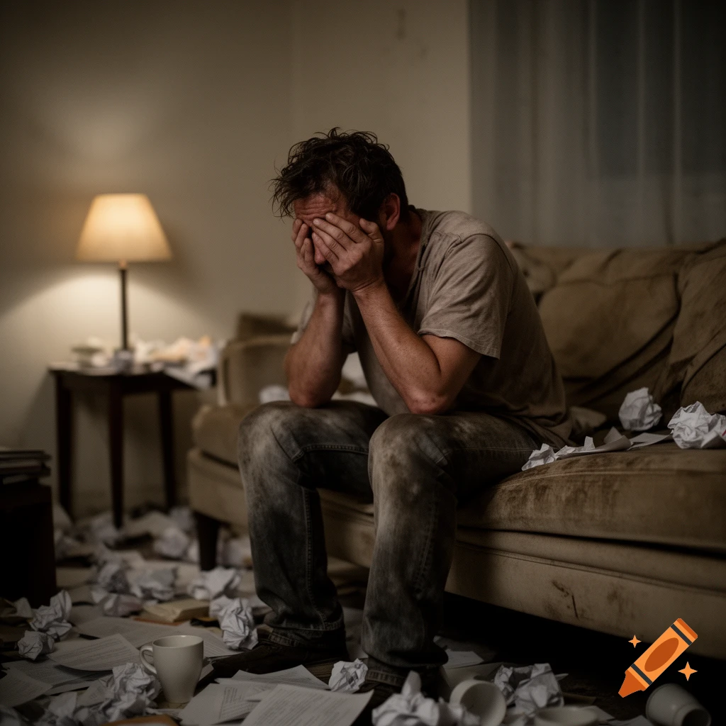 A distressed man covers his face, sitting on a sofa in a cluttered room with crumpled papers, photorealistic.